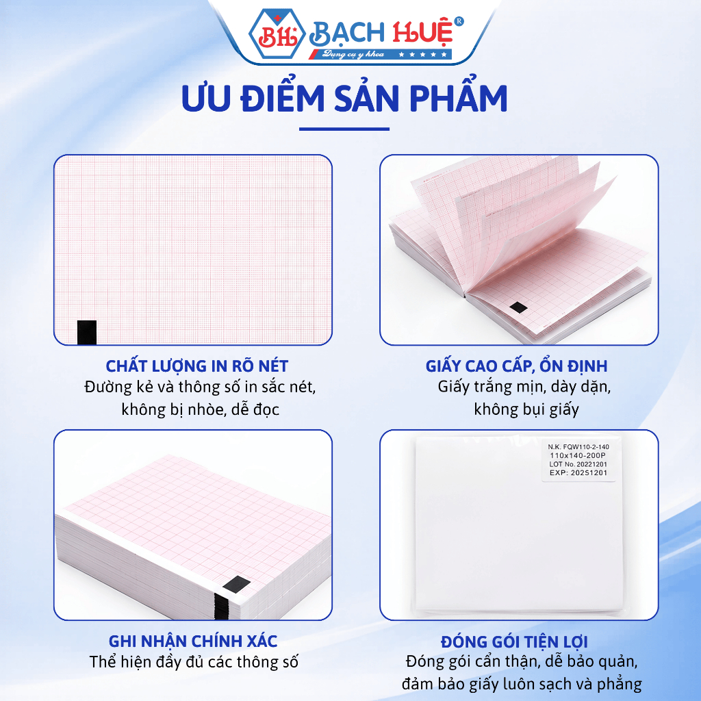Giấy điện tim EGG dạng xấp 110x140x200 mm - Tờ kẻ sọc dạng xấp, hình ảnh sắc nét, ghi nhận chính xác