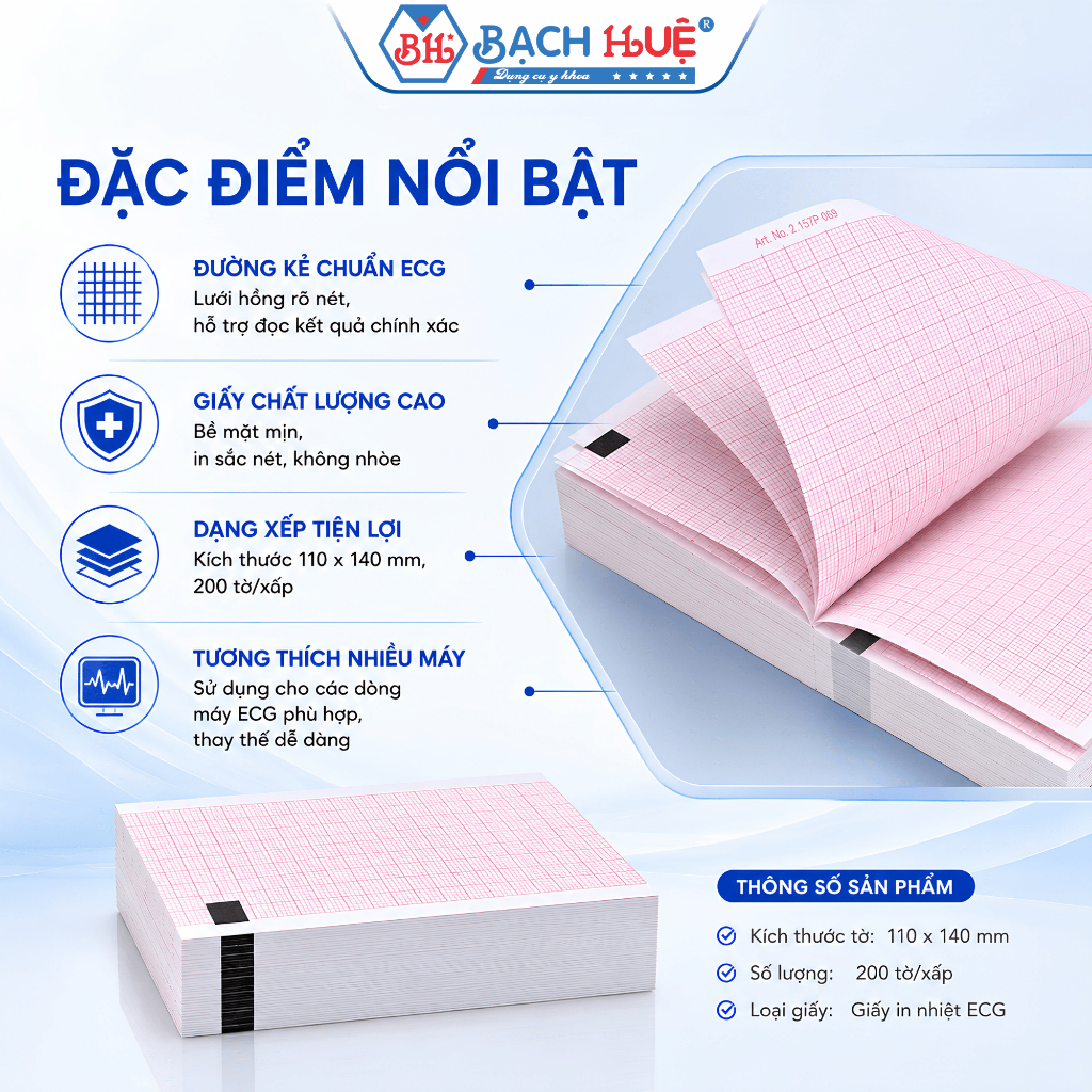 Giấy điện tim EGG dạng xấp 110x140x200 mm - Tờ kẻ sọc dạng xấp, hình ảnh sắc nét, ghi nhận chính xác