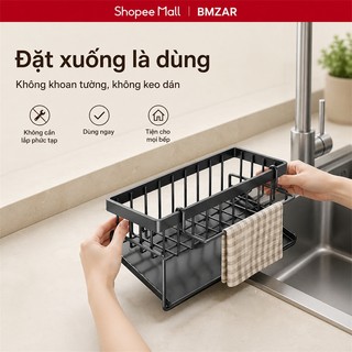BMZAR GIÁ ĐỂ BÚI RỬA BÁT ĐÁY NGHIÊNG THÉP CABON CÓ THANH TREO KHĂN TIỆN LỢI bền chặt