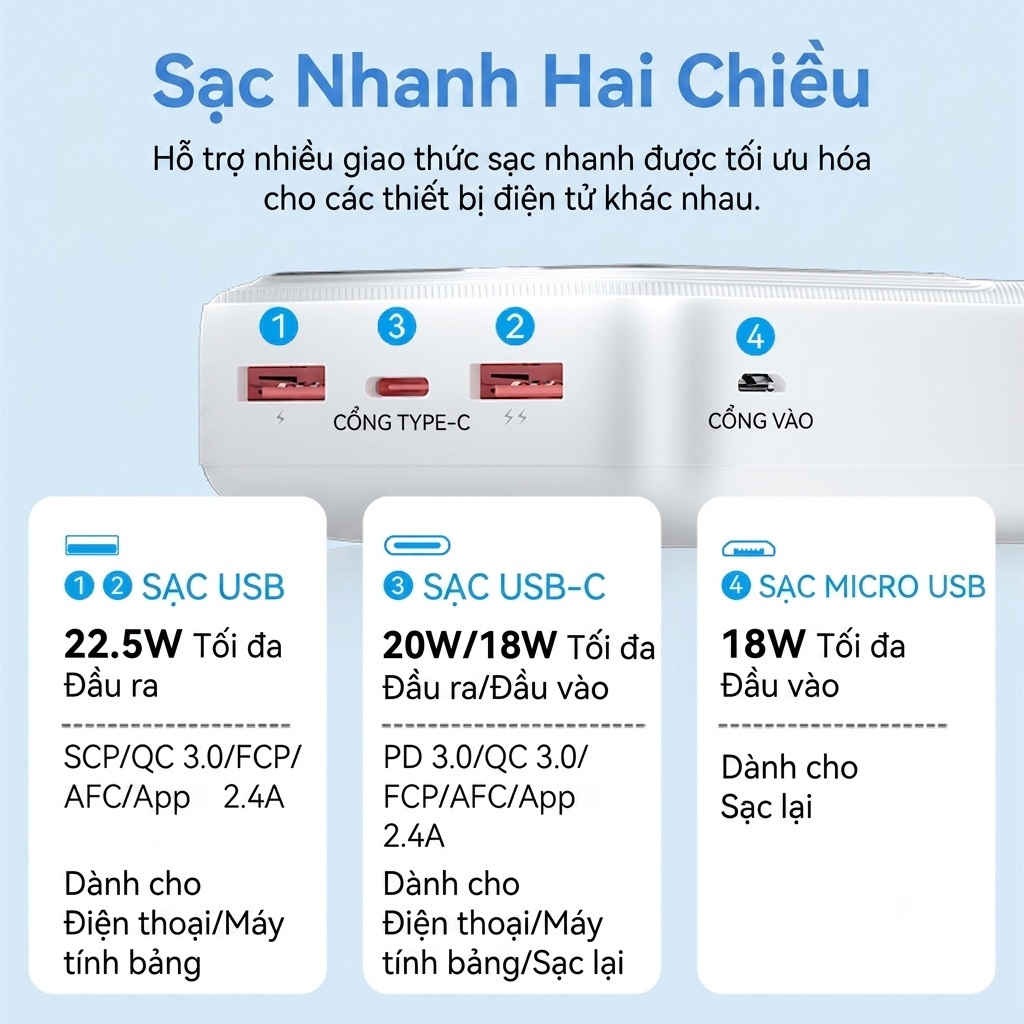 Pin Sạc Dự Phòng 30000mAh 22.5W Vention, 3 Cổng USB-A/USB-C/Micro, Sạc Nhanh PD3.0, Dung Lượng Lớn