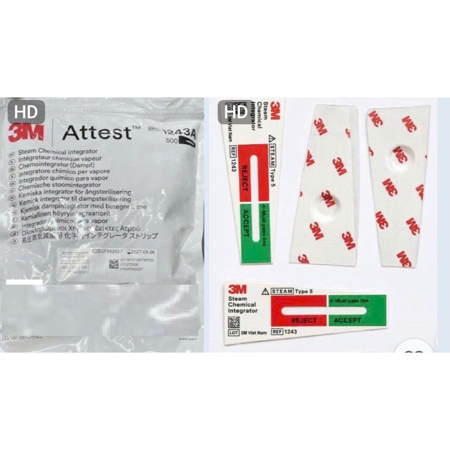 Gói 500 test.Test 1243A-3M  chỉ thị hoá học.Test sinh học kiểm tra tiệt trùng/ test thử áp suất gói dụng cụ