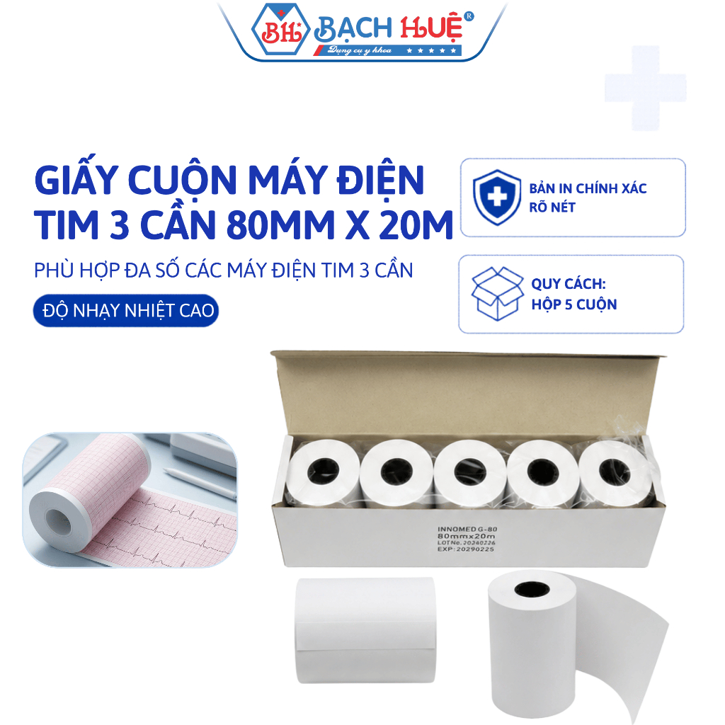 Giấy Cuộn In Nhiệt Máy Điện Tim 3 Cần 80x20 (80mm x 20m) Lõi Rỗng Hỗ Trợ Đa Dòng Máy Điện Tim