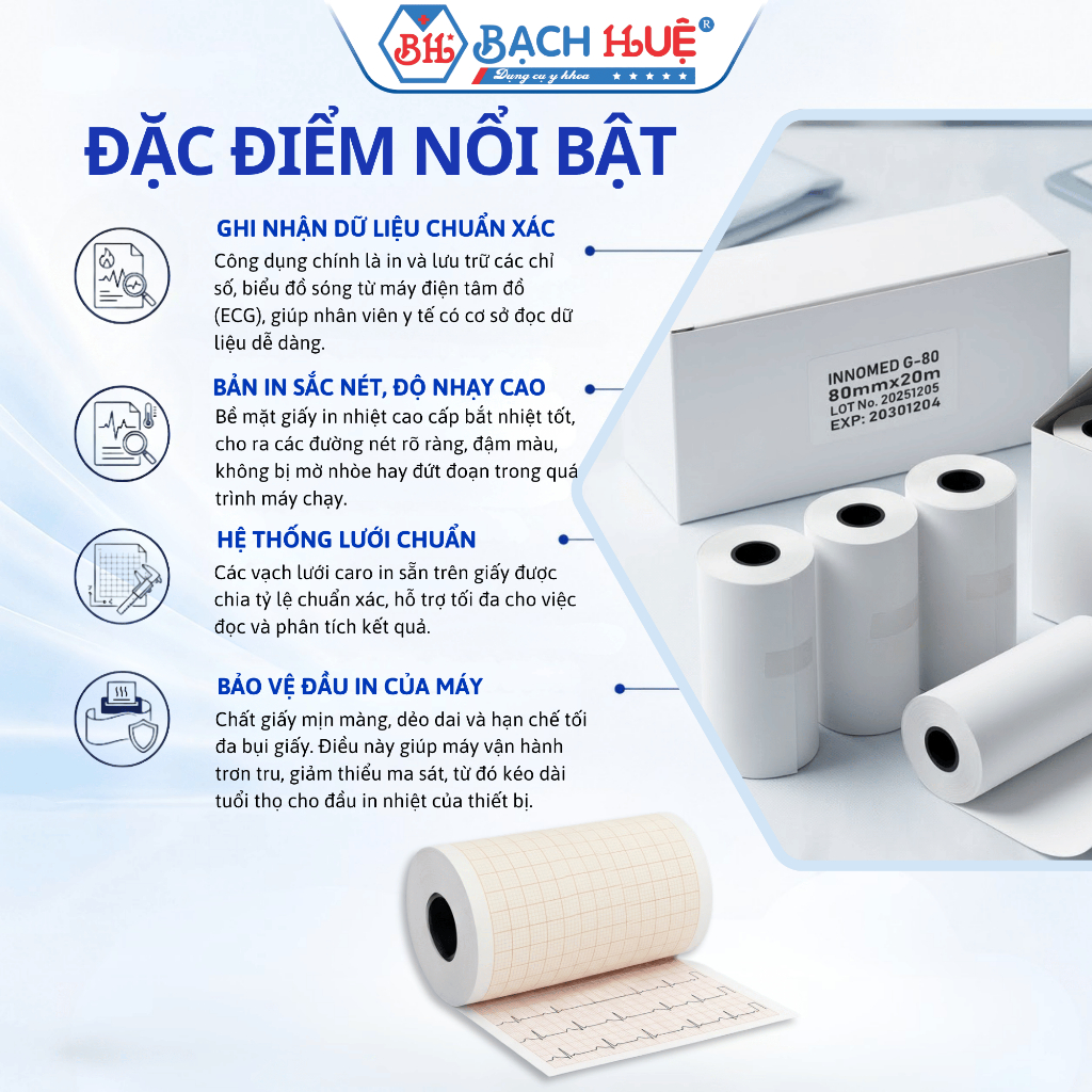 Giấy Cuộn In Nhiệt Máy Điện Tim 3 Cần 80x20 (80mm x 20m) Lõi Rỗng Hỗ Trợ Đa Dòng Máy Điện Tim