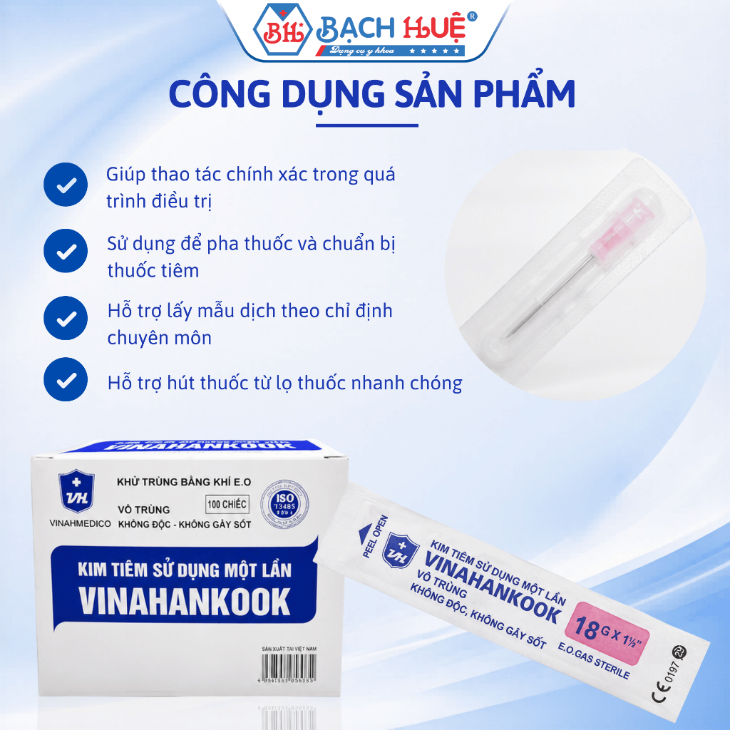 Đầu kim tiêm 18G Vinahankook - Sắc bén, vô trùng, an toàn, kim rút thuốc, kim tiêm thuốc hộp 100 cái