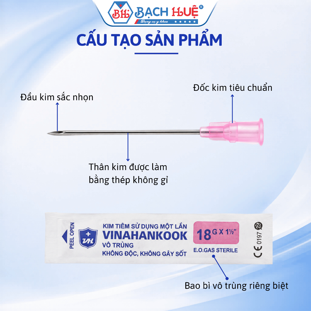 Đầu kim tiêm 18G Vinahankook - Sắc bén, vô trùng, an toàn, kim rút thuốc, kim tiêm thuốc hộp 100 cái