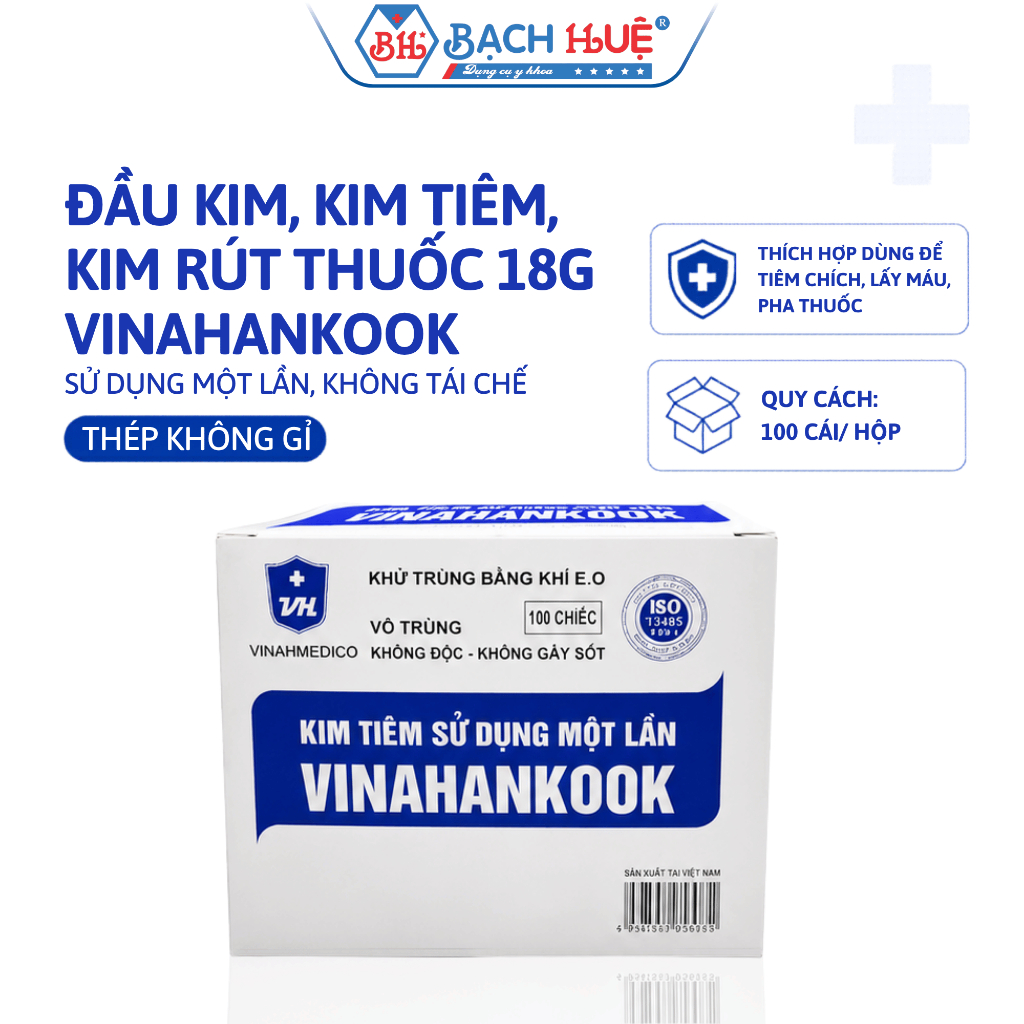Đầu kim tiêm 18G Vinahankook - Sắc bén, vô trùng, an toàn, kim rút thuốc, kim tiêm thuốc hộp 100 cái