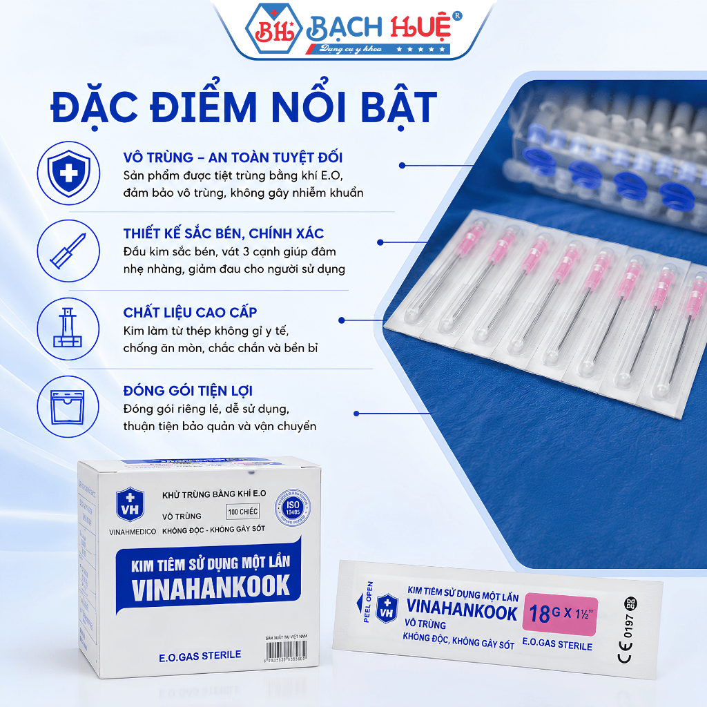 Đầu kim tiêm 18G Vinahankook - Sắc bén, vô trùng, an toàn, kim rút thuốc, kim tiêm thuốc hộp 100 cái
