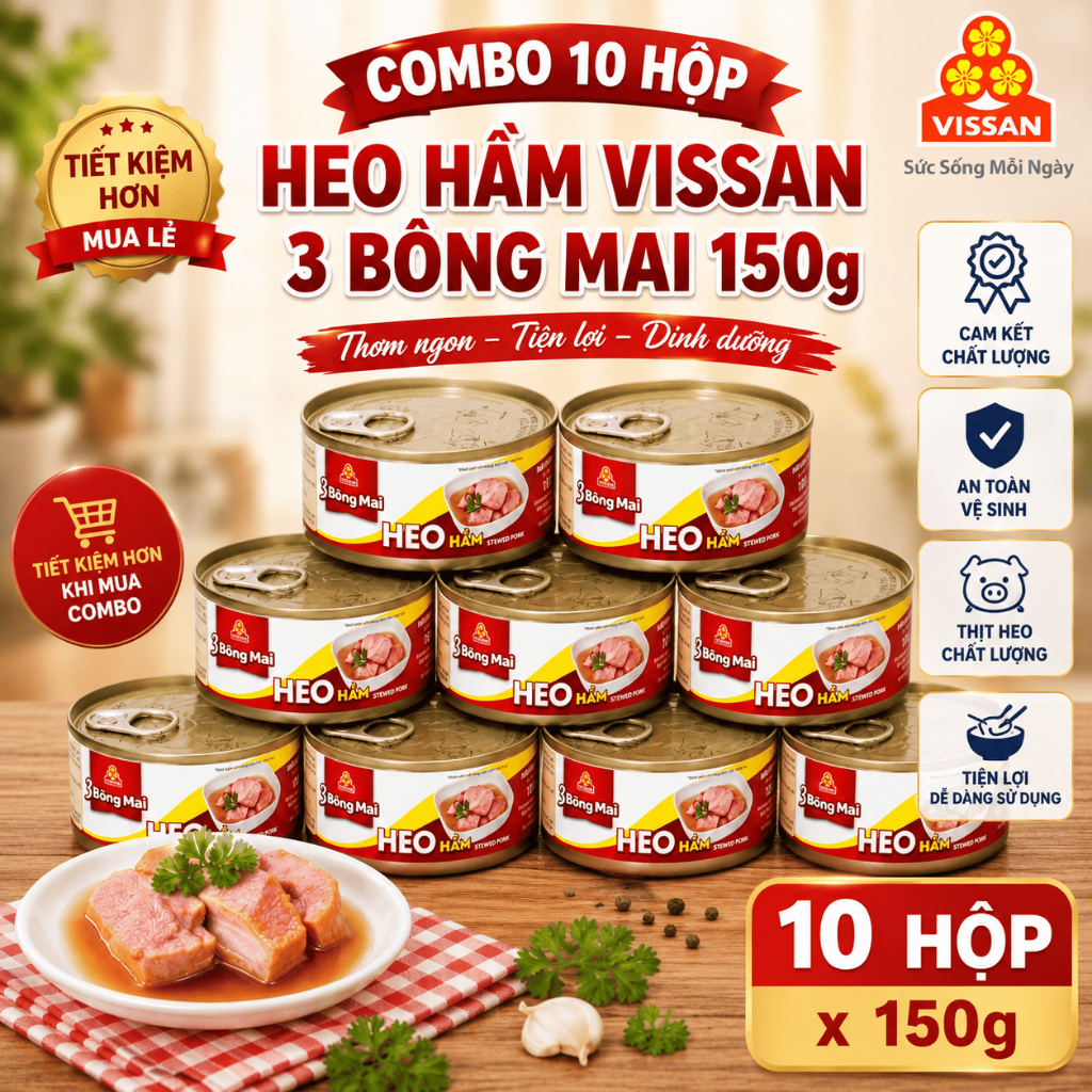 [COMBO 10 HỘP] Heo Hầm 3 Bông Mai Vissan 150g – Chính Hãng Date 2028, HSD 36 Tháng, Ăn Liền Tiện Lợi