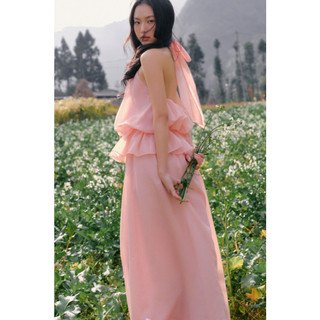 Set đồ nữ OLV Pink Halter Ruffled Maxi phù hợp mùa hè đi chơi đi biển