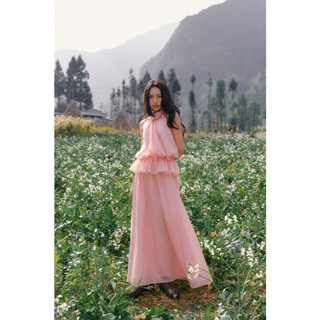Set đồ nữ OLV Pink Halter Ruffled Maxi phù hợp mùa hè đi chơi đi biển