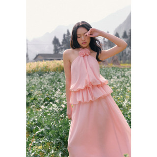 Set đồ nữ OLV Pink Halter Ruffled Maxi phù hợp mùa hè đi chơi đi biển