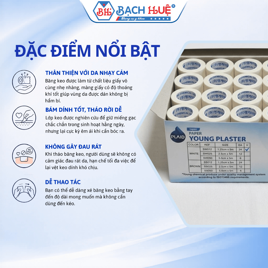 Hộp 24 Cuộn Băng Keo Giấy YOUNG PLASTER-PAPER (1.25cm x 5m) - Cố Định Gạc, An Toàn Cho Da Nhạy Cảm