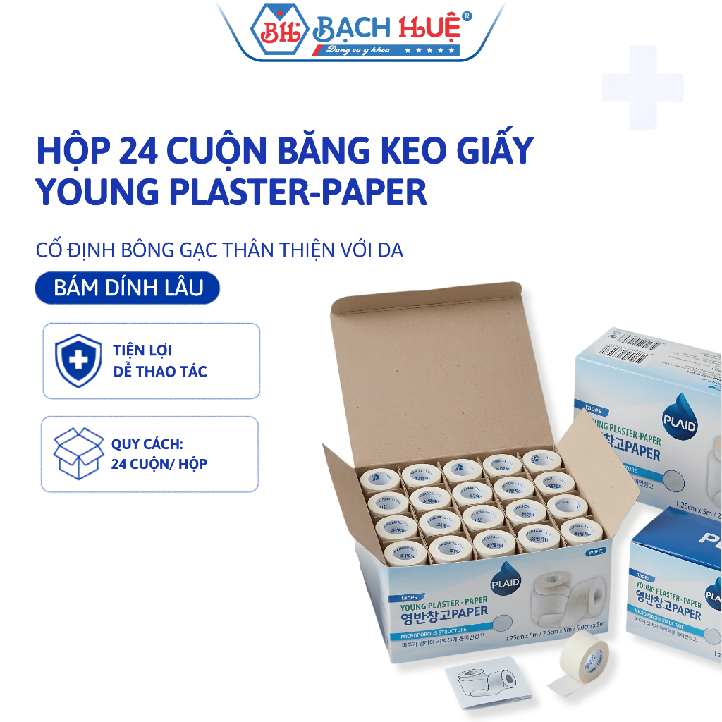 Hộp 24 Cuộn Băng Keo Giấy YOUNG PLASTER-PAPER (1.25cm x 5m) - Cố Định Gạc, An Toàn Cho Da Nhạy Cảm