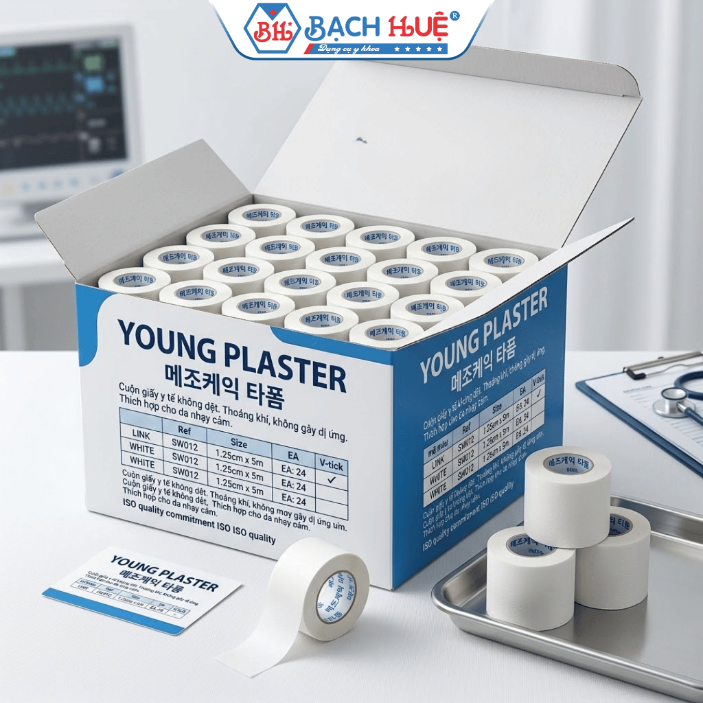 Hộp 24 Cuộn Băng Keo Giấy YOUNG PLASTER-PAPER (1.25cm x 5m) - Cố Định Gạc, An Toàn Cho Da Nhạy Cảm