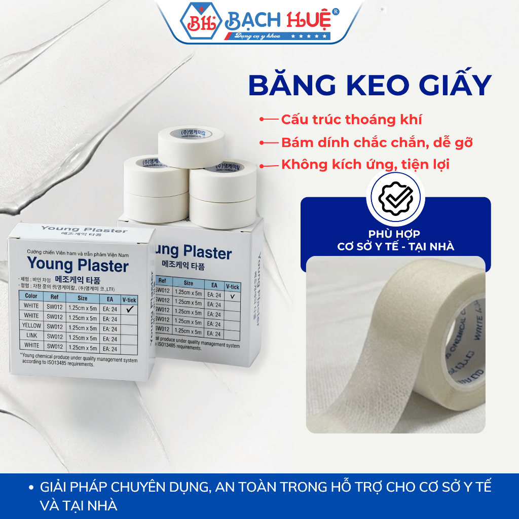 Hộp 24 Cuộn Băng Keo Giấy YOUNG PLASTER-PAPER (1.25cm x 5m) - Cố Định Gạc, An Toàn Cho Da Nhạy Cảm