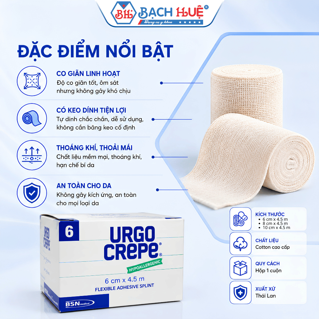 Băng thun Urgo Crepe có keo dính - Co giãn êm ái, cố định chắc chắn, giải pháp hỗ trợ chăm sóc