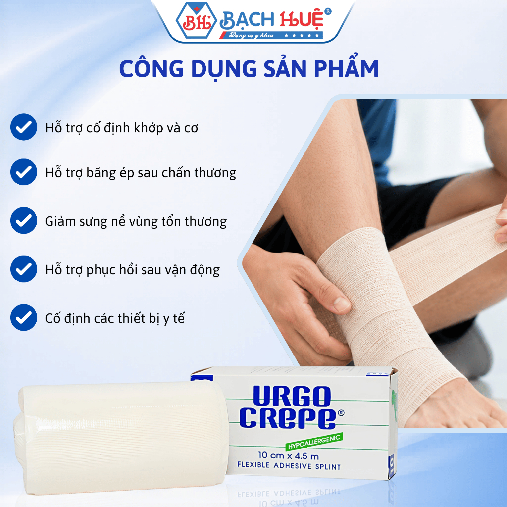 Băng thun Urgo Crepe có keo dính - Co giãn êm ái, cố định chắc chắn, giải pháp hỗ trợ chăm sóc