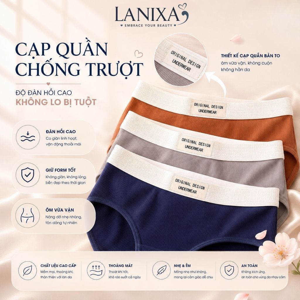 Combo 5 Quần lót nữ cotton kháng khuẩn cạp vừa tôn dáng, Quần chip nữ thun lạnh gân tăm LANIXA L1226