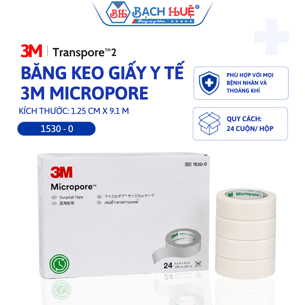 Băng kéo giấy y tế  3M Micropore 1530-0, Dịu nhẹ cho da, cố định chắc chắn hộp 24 cuộn 1,25cmx9.1m