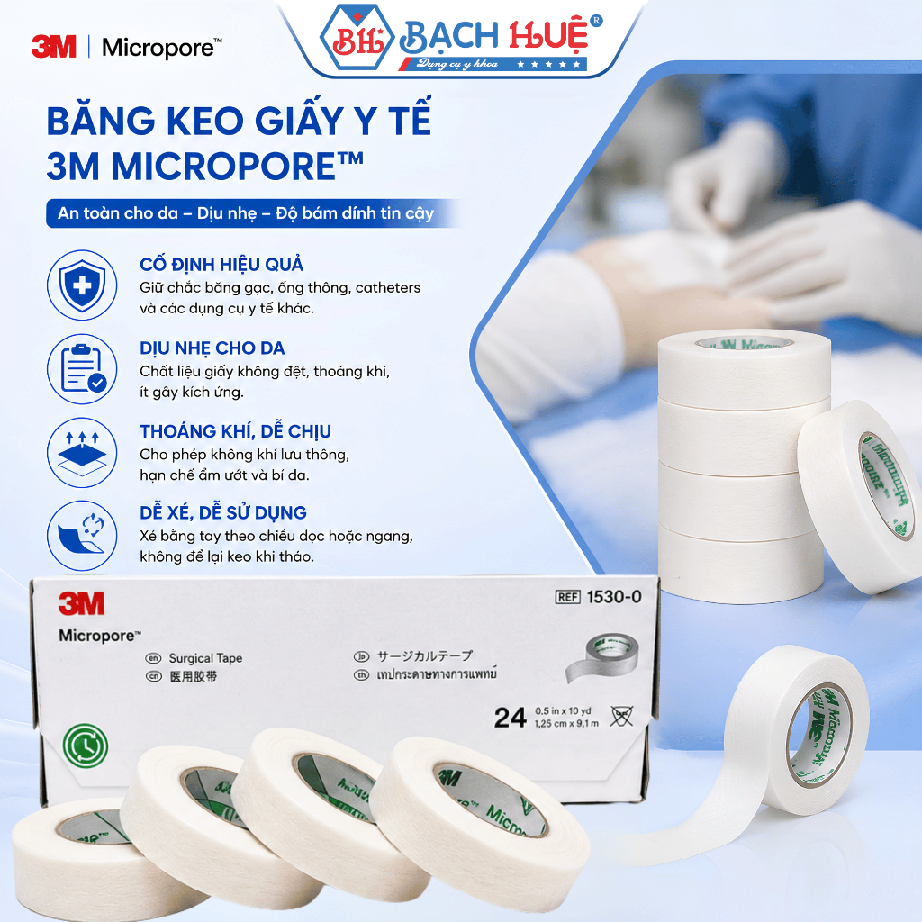 Băng kéo giấy y tế  3M Micropore 1530-0, Dịu nhẹ cho da, cố định chắc chắn hộp 24 cuộn 1,25cmx9.1m