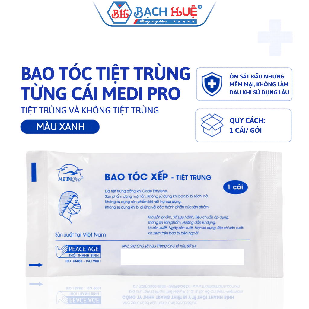 Bao tóc chưa tiệt trùng và Bao Tóc Tiệt Trùng Từng Cái MediPro Mũ Trùm Đầu Y Tế Màu Xanh Dùng Một Lần Tiệt Trùng EO
