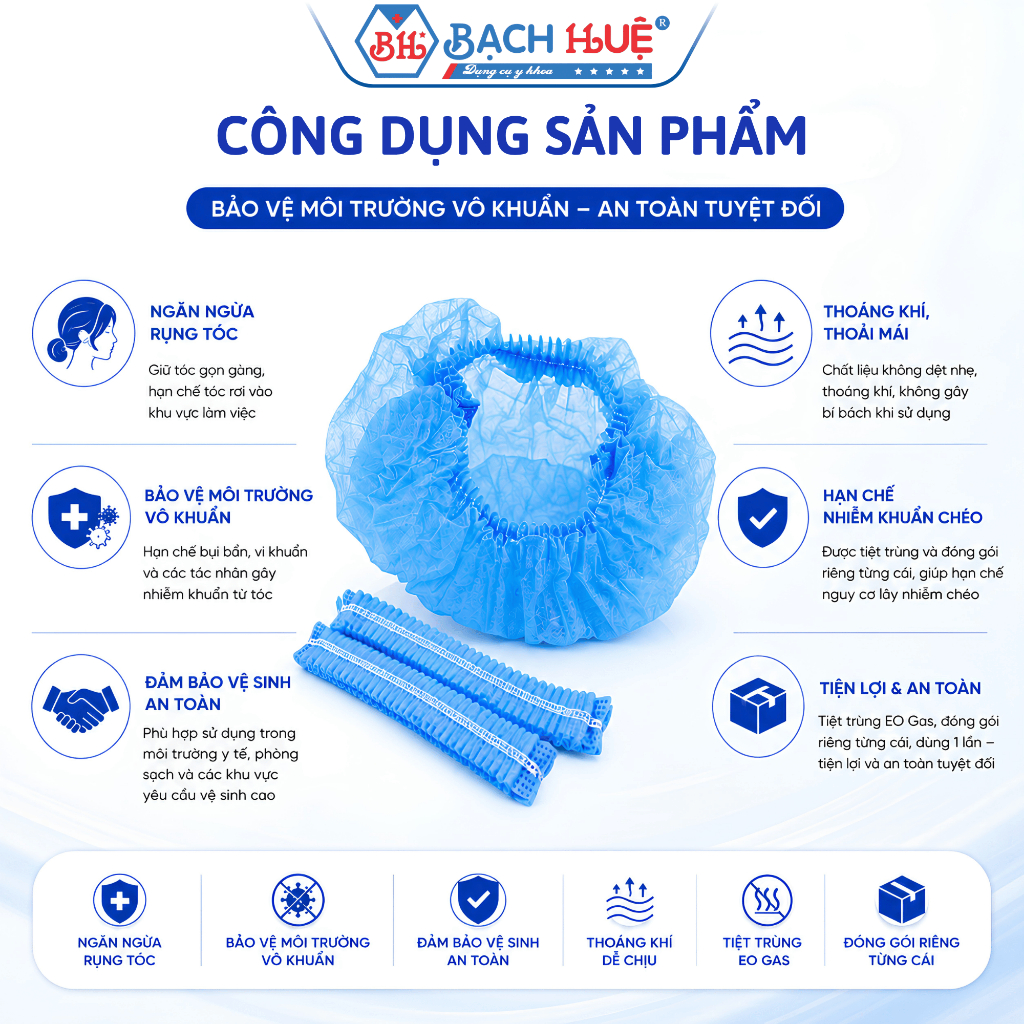Bao tóc chưa tiệt trùng và Bao Tóc Tiệt Trùng Từng Cái MediPro Mũ Trùm Đầu Y Tế Màu Xanh Dùng Một Lần Tiệt Trùng EO