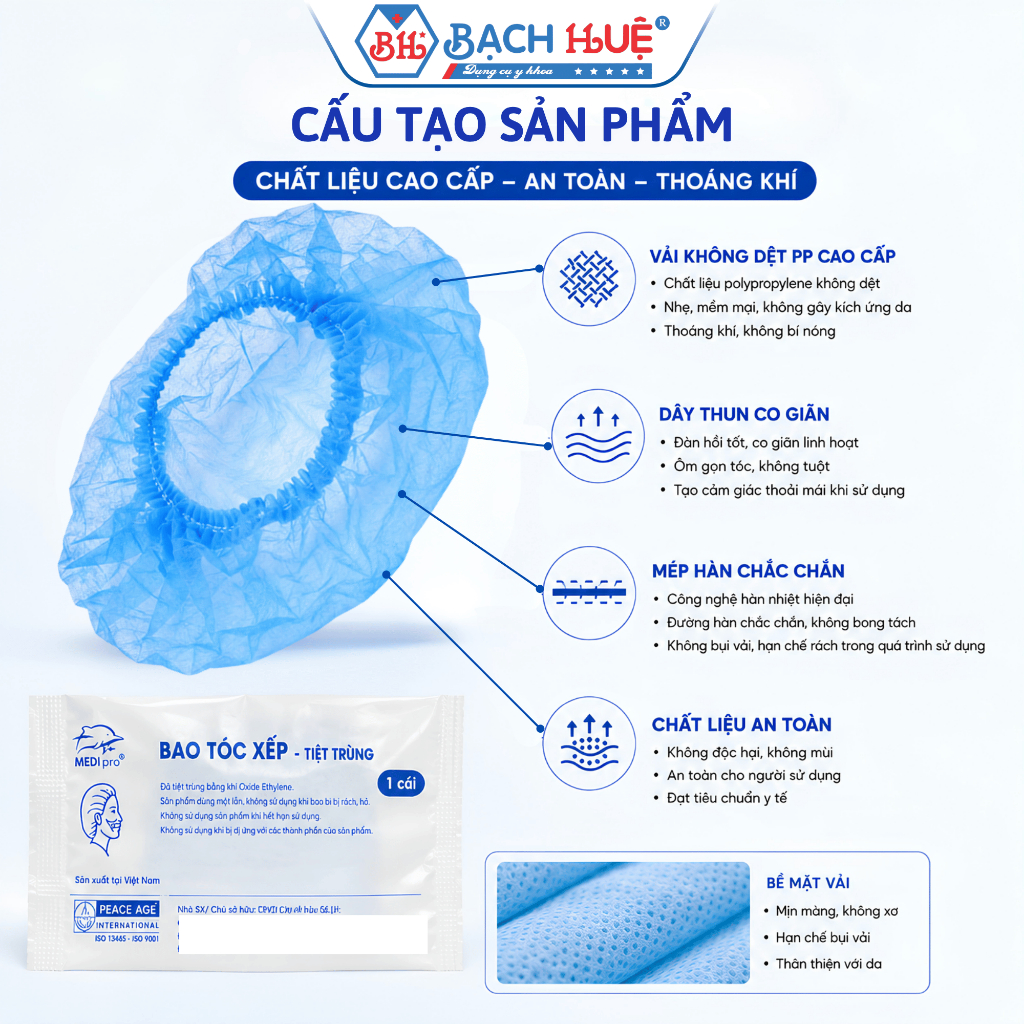 Bao tóc chưa tiệt trùng và Bao Tóc Tiệt Trùng Từng Cái MediPro Mũ Trùm Đầu Y Tế Màu Xanh Dùng Một Lần Tiệt Trùng EO