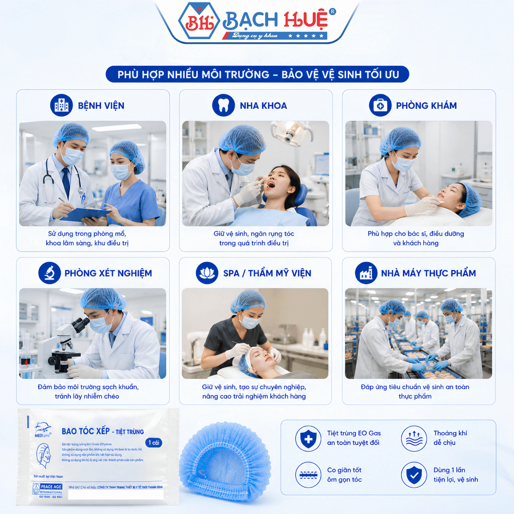 Bao tóc chưa tiệt trùng và Bao Tóc Tiệt Trùng Từng Cái MediPro Mũ Trùm Đầu Y Tế Màu Xanh Dùng Một Lần Tiệt Trùng EO