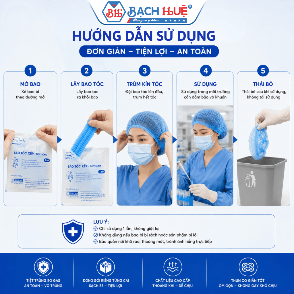 Bao tóc chưa tiệt trùng và Bao Tóc Tiệt Trùng Từng Cái MediPro Mũ Trùm Đầu Y Tế Màu Xanh Dùng Một Lần Tiệt Trùng EO