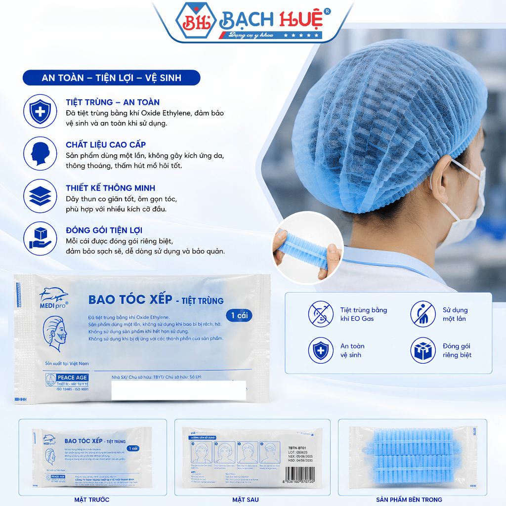 Bao tóc chưa tiệt trùng và Bao Tóc Tiệt Trùng Từng Cái MediPro Mũ Trùm Đầu Y Tế Màu Xanh Dùng Một Lần Tiệt Trùng EO