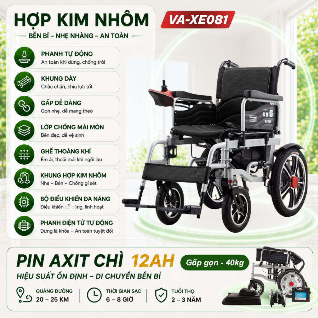 Xe Lăn Điện Ngả Lưng Tự Động (Remote) VA-XE661 Lithium PRO - Gấp gọn, An toàn cho Người Già & Người Bệnh (BH 2 NĂM)