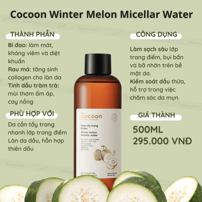 (Hàng Công TY) Nước Tẩy Trang Bí Đao Cocoon Winter Melon Micellar Water 500ml Vanilla Cosmetics