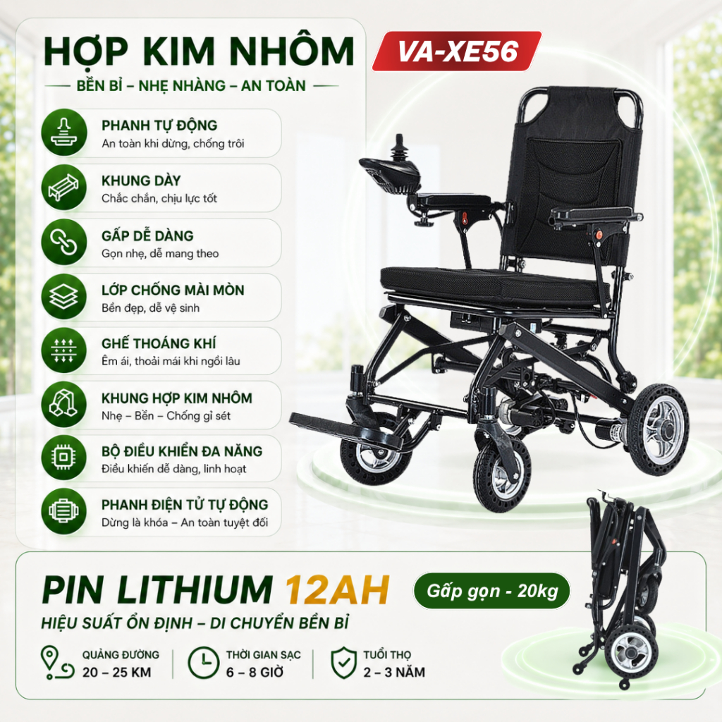 Xe Lăn Điện Lưng Cao (REMOTE) VA-XE082 Cao Cấp - Gấp gọn, An toàn cho Người Già & Người Bệnh (BẢO HÀNH 2 NĂM)