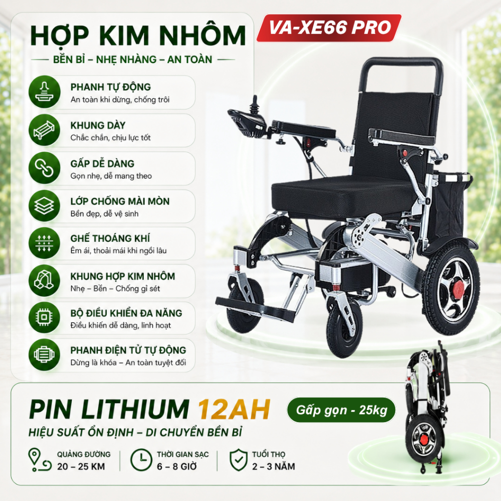 Xe Lăn Điện Lưng Cao (REMOTE) VA-XE082 Cao Cấp - Gấp gọn, An toàn cho Người Già & Người Bệnh (BẢO HÀNH 2 NĂM)