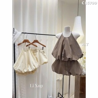 Set Bộ Đồ Nữ Gió Mềm TRơn Áo Yếm Phồng Dây Nơ Cổ Mix Chân Váy Bí Phồng