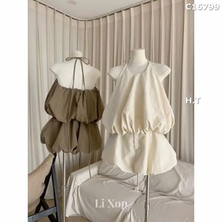 Set Bộ Đồ Nữ Gió Mềm TRơn Áo Yếm Phồng Dây Nơ Cổ Mix Chân Váy Bí Phồng
