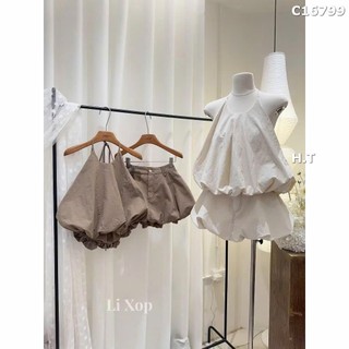 Set Bộ Đồ Nữ Gió Mềm TRơn Áo Yếm Phồng Dây Nơ Cổ Mix Chân Váy Bí Phồng