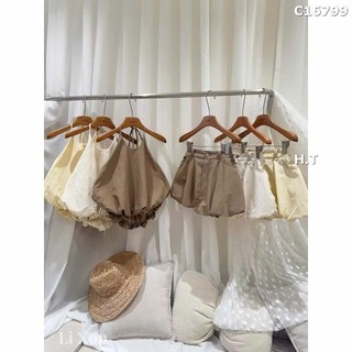 Set Bộ Đồ Nữ Gió Mềm TRơn Áo Yếm Phồng Dây Nơ Cổ Mix Chân Váy Bí Phồng