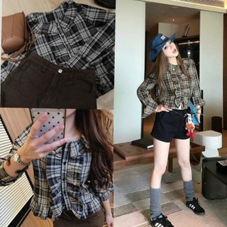 Áo kiểu cổ viền bèo chi tiết kẻ caro dành cho nữ Ao225 247Store