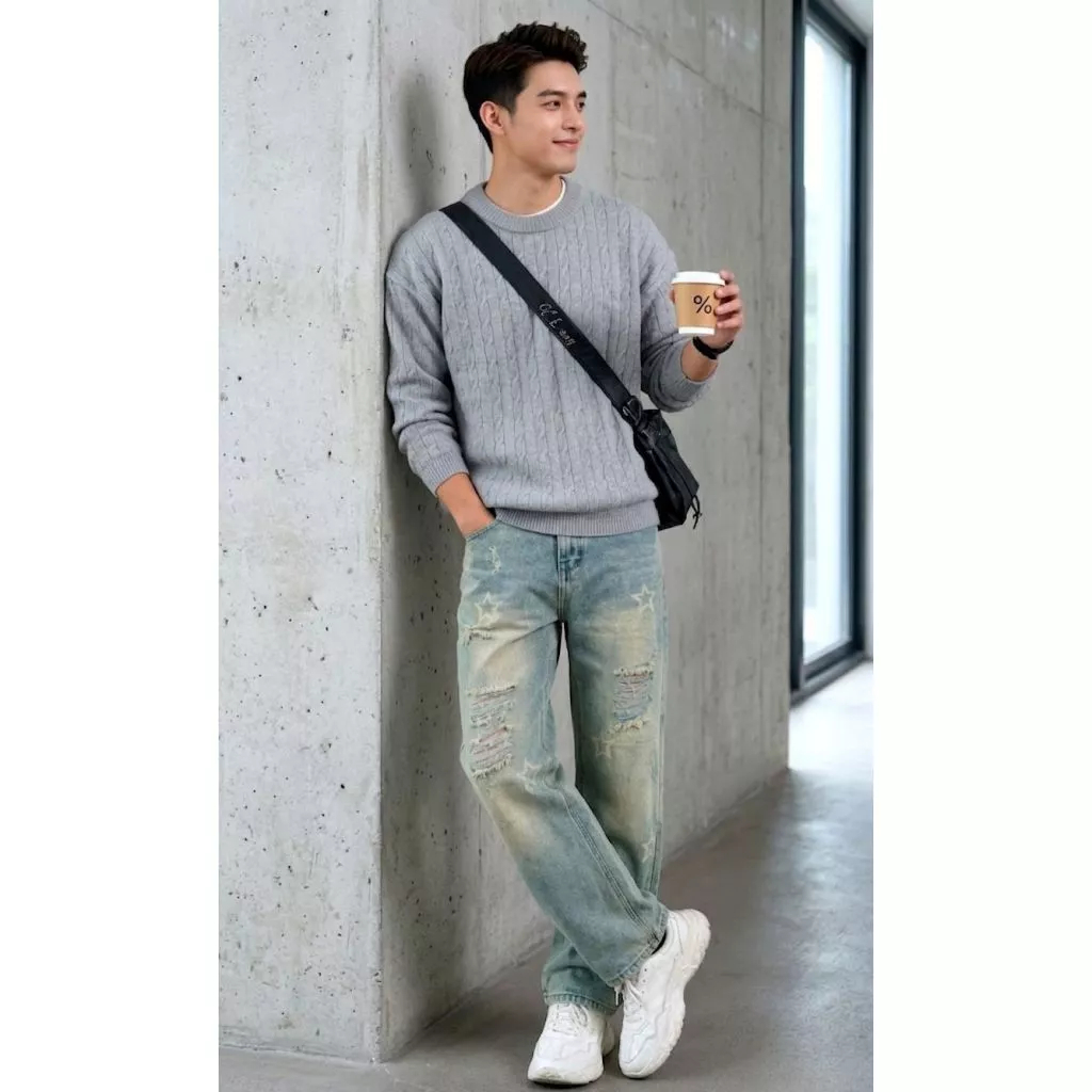 Quần jean nam ống suông rách in ngôi sao - Quần baggy streetwear form rộng cá tính