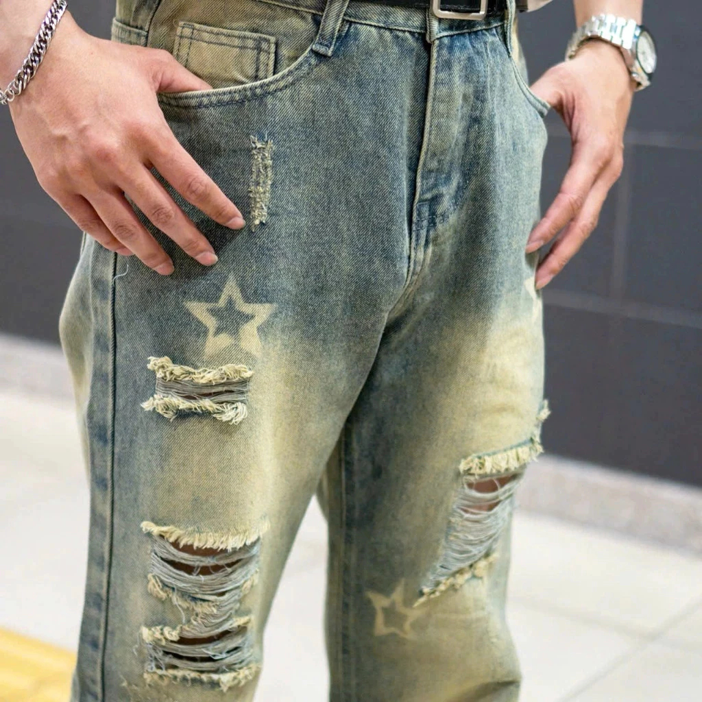 Quần jean nam ống suông rách in ngôi sao - Quần baggy streetwear form rộng cá tính