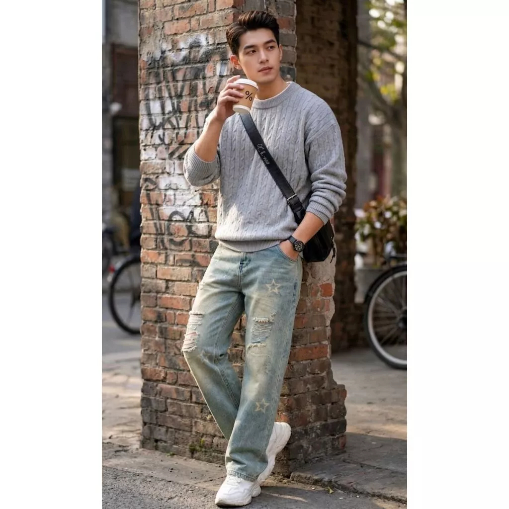 Quần jean nam ống suông rách in ngôi sao - Quần baggy streetwear form rộng cá tính
