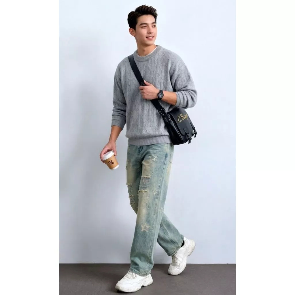 Quần jean nam ống suông rách in ngôi sao - Quần baggy streetwear form rộng cá tính