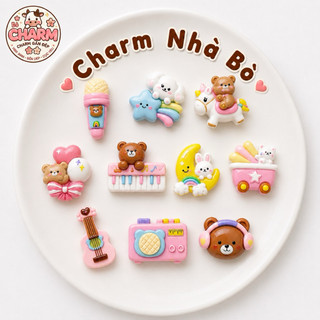 Bộ 10 charm GẤU NHẠC  - sẵn chân đế gắn, phụ kiện nhựa cứng dễ thương, gắn dép, trang trí túi xách