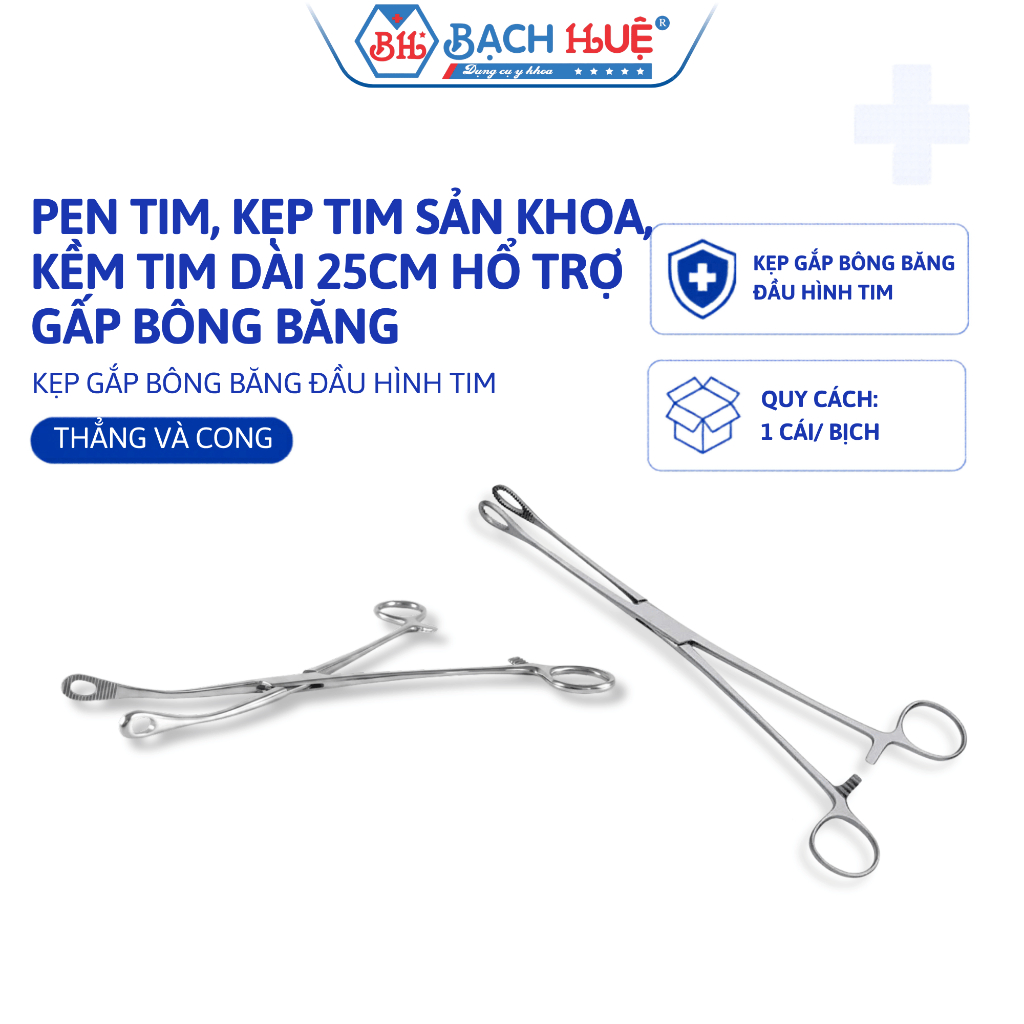 Pen Tim Dài 25cm Thép Không Gỉ Pakistan - Kẹp Tim Thẳng / Cong Hỗ Trợ Gắp Bông Băng Y Tế