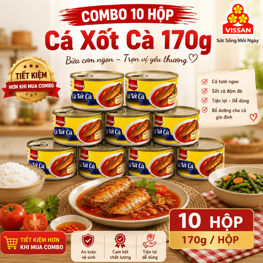 [Combo 10 Hộp] Cá Xốt Cà Vissan – Date 2028, HSD 36 Tháng, Ăn Liền Tiện Lợi
