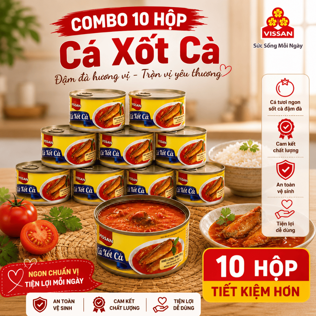[Combo 10 Hộp] Cá Xốt Cà Vissan – Date 2028, HSD 36 Tháng, Ăn Liền Tiện Lợi