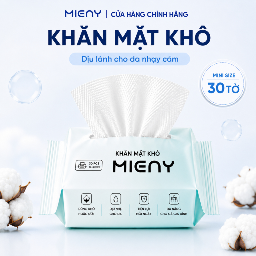 Khăn mặt khô MIENY 30 tờ khăn lau mặt dùng một lần, khăn khô đa năng dành cho da nhạy cảm