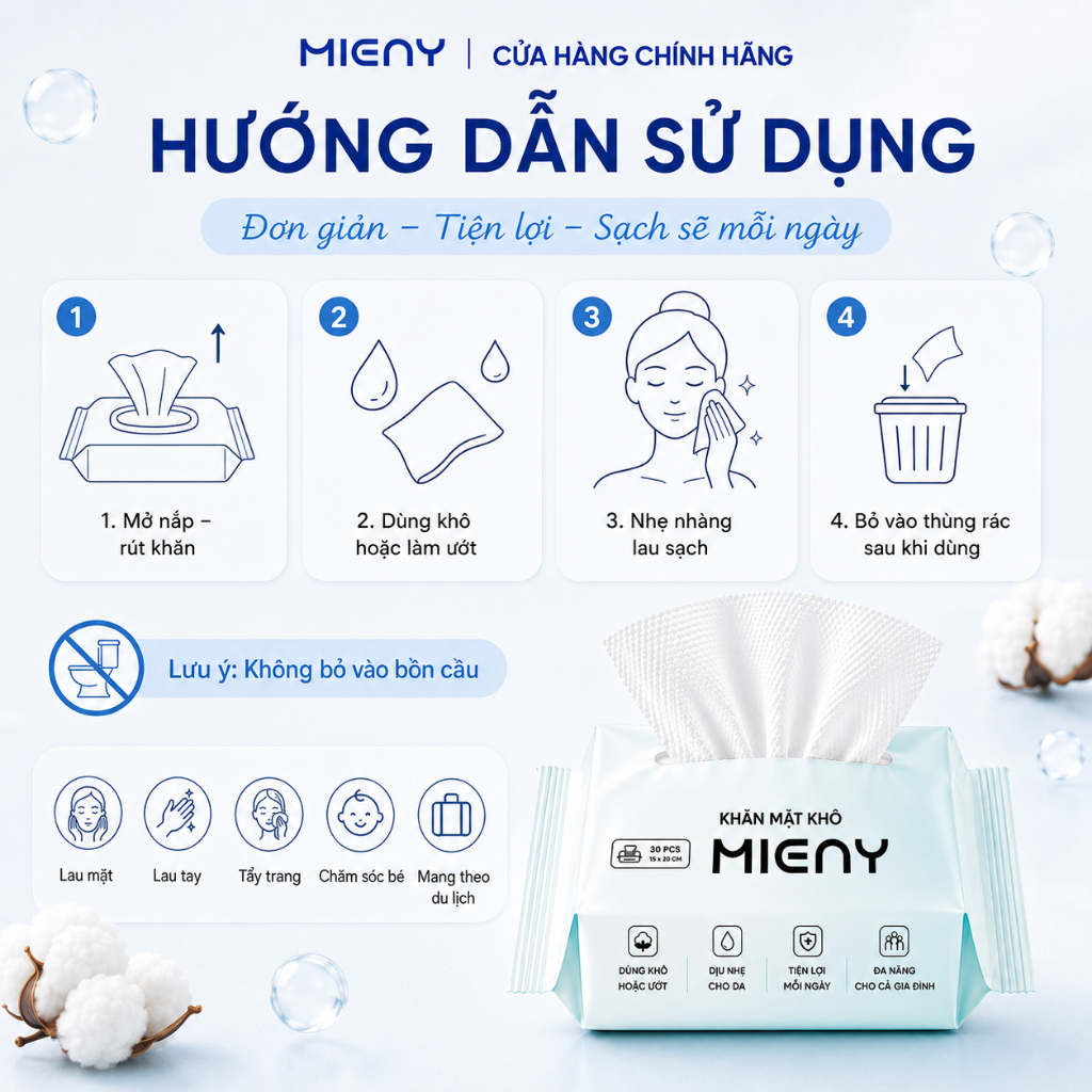 Khăn mặt khô MIENY 35, 65, 200 tờ khăn lau mặt dùng một lần, khăn khô đa năng dành cho da nhạy cảm