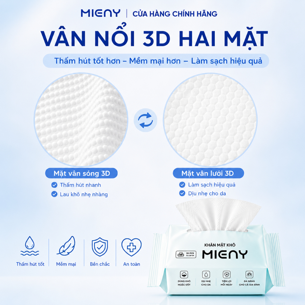Khăn mặt khô MIENY 35, 65, 200 tờ khăn lau mặt dùng một lần, khăn khô đa năng dành cho da nhạy cảm